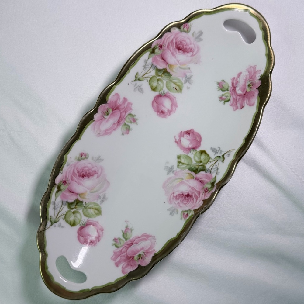 Antique Prince Regent Bavaria Germany Pink Rose Porcelain Oval Serving Dish 117